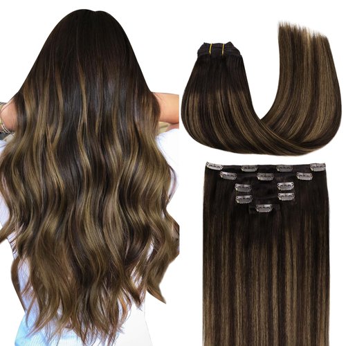 MAXITA Hair Extensions Clip in Human Hair, 5pcs 75g Balayage Dark Brown Mixed Chestnut Brown 16 Inch, Clip in Hair Extensions Real Human Hair Extensions Natural Straight Hair for Women