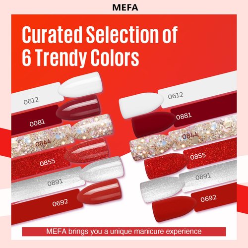 MEFA Red Gel Nail Polish Set 6 Colors, Red White Glitter Shades Sparkle Silver Champagne Love Times Tones Spring Nail Art Design at Home Manicure DIY Kit Gifts for Women Girl