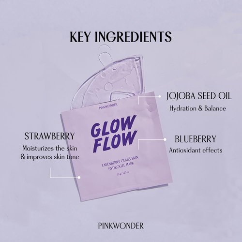 PINKWONDER GLOWFLOW Lavenberry Glass Skin Hydrogel Mask (1EA), Nourishing Facial Sheet Mask for Dry Skin, Hydrating and Glowing Skin, Blueberry Extract and Jojoba Oil, Antioxidants