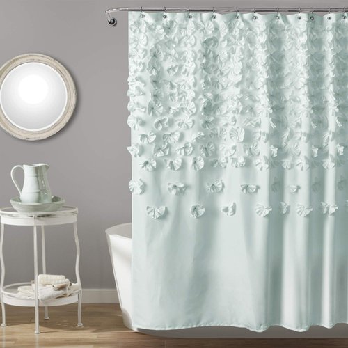 Lush Decor Lucia Shower Curtain - Fabric, Ruched, Floral, Textured Vintage Chic, Farmhouse Style Design, 72” x 72”, Blue