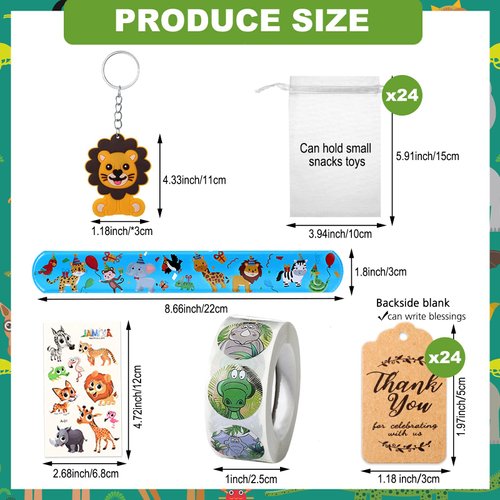 Fumete 121 Pcs Jungle Safari Party Favors Birthday Supplies for Boys Girls Include Jungle Animal Slap Bracelets Keychains Temporary Tattoos Animal Sticker Roll White Organza Bags and Thank You Tag