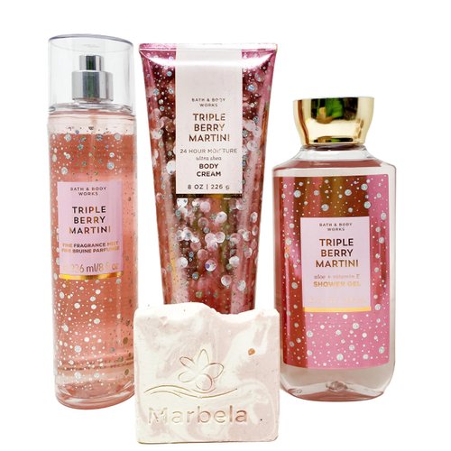 Bath & Body Works Triple Berry Martini - Trio Gift Set - Fine Fragrance Mist, Body Cream and Shower Gel With a Himalayan Salts Springs Sample Soap.