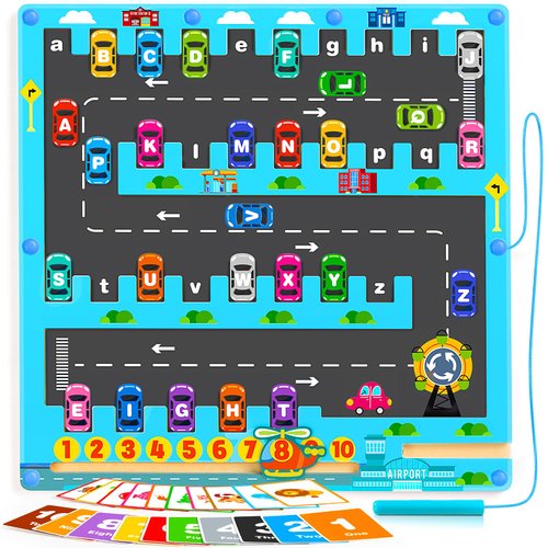 DOLNOW Magnetic Alphabet Maze Montessori Toys, Travel Toys for Boys Girls Ages 2-4, Learning Toys Fine Motor Skills Sensory Toys Gifts for Toddlers Preschool with 20pcs Numbers Animals Cards