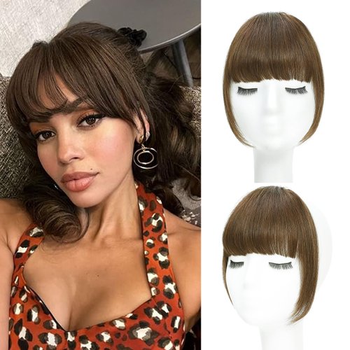 Berracy Bangs Hair Clip in Bangs 100% Real Human Hair Extensions Fake French Bangs Fringe with Temples Curtain Flat Neat Front Thick Hairpieces for Women Kids Daily Wear Light Brown