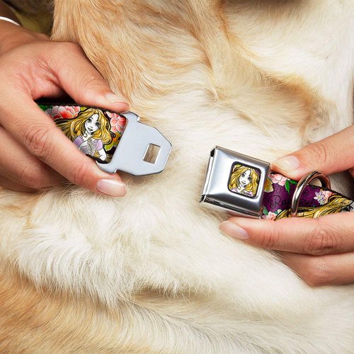 Dog Collar Seatbelt Buckle Rapunzel Poses Floral Collage Sketch Purple 16 to 23 Inches 1.5 Inch Wide