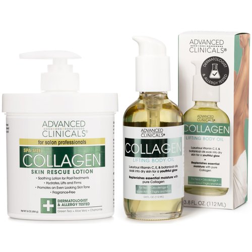 Advanced Clinicals Collagen Body Oil + Collagen Cream Body Lotion & Face Cream Beauty Skin Care 2PC Bundle – Tighten, Firm, & Hydrate Moisturizer Set For Scars, Wrinkles, Crepey Skin, & Stretch Marks