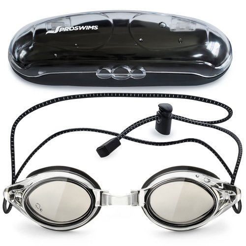 Proswims Anti-Fog Racing Swimming Goggles Gray Lens with Quick Adjustable Elastic Bungee Strap, Hard Case and Bonus Swim Goggles Microfiber Cleaning Cloth