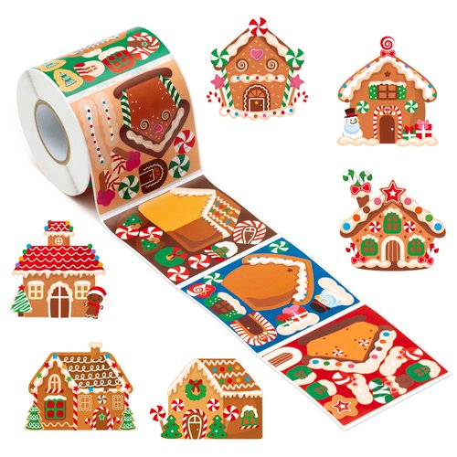 Haooryx 300pcs Christmas Make a Gingerbread House Scene Sticker Roll Make Your Own Christmas Gingerbread House Sticker Decals DIY Art Craft for Xmas Holiday Party Supply Water Bottle Envelopes Decor