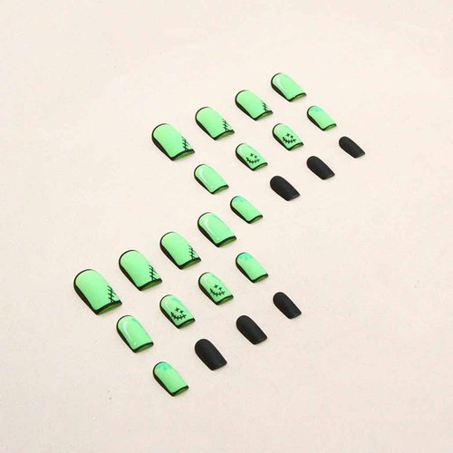 Foccna Comic Press on Nails Medium, Acrylic Fake Nails Square Cartoon False Nails Green,Artificial Nails for Women and Girls- 24 pcs