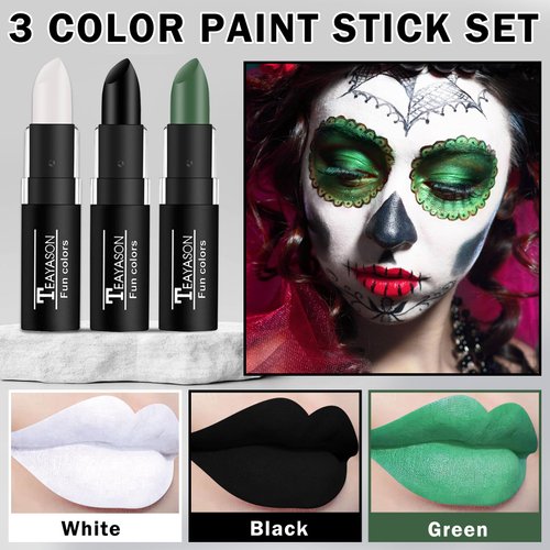 DAMUSI 3 Colors Body Face Paint Sticks Professional Eye Black Baseball Softball Football,Halloween Joker Clown Cosplay Makeup for Adults and Kids（White/Black/Green Eye Black Sticks）