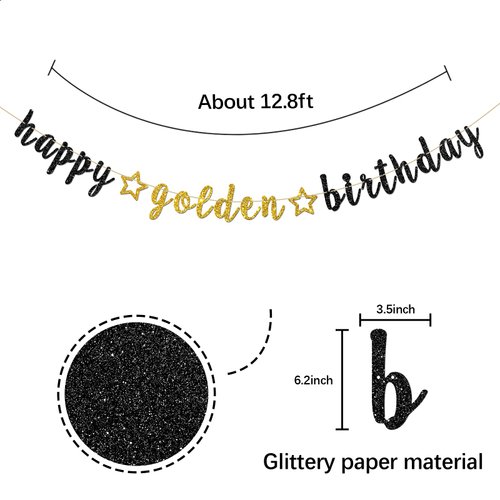 INNORU Happy Golden Birthday Banner - Birthday Party Decor - Kids Adults Birthday Party Decorations Supplies, Happy Birthday Party Bunting Decorations, Black Gold Glitter