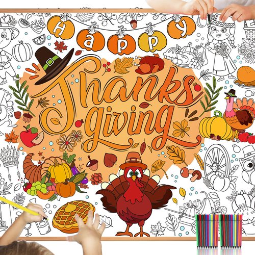 HOWAF Happy Thanksgiving Coloring Poster with 24 Paint Pens,Give Thanks Jumbo Paper Coloring Banner,Harvest Themed Giant Paper Coloring Tablecloth for Turkey Party Favors