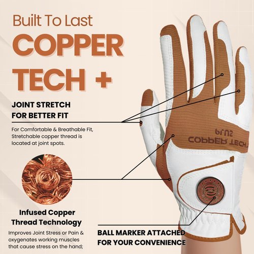 Copper Tech Men's Golf Gloves - Optimal Wrist Support with Copper Infused Thread - 100% AAA Synthetic Tacky Leather - Perfect for Summer & Fall Golfing - Golf Gloves Men (Hand Orientation: Both Hand)