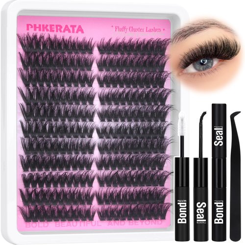 PHKERATA Fluffy Lash Extension Kit Wispy Lash Clusters Kit Volume 200D Eyelash Clusters Thick Cat Eye Individual Lashes DIY Cluster Eyelash Extension Kit with Lash Glue Bond and Seal and Tweezers