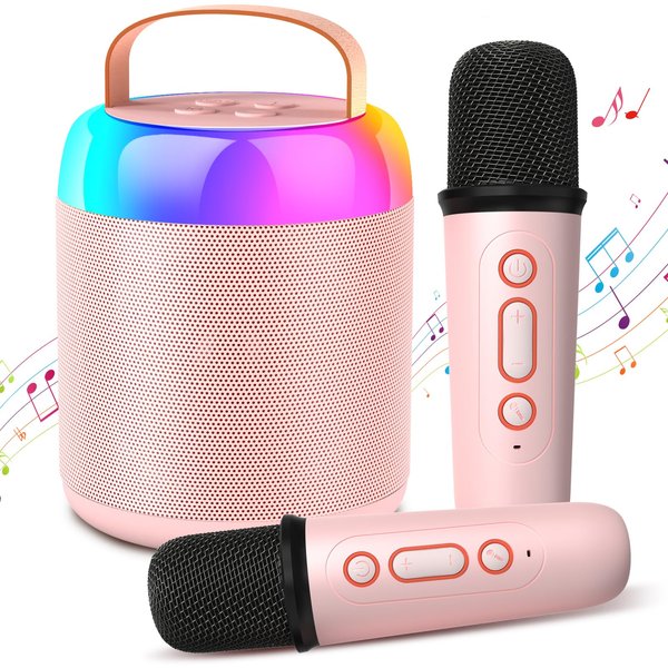 Mduvoz Mini Karaoke Machine for Kids Adults with 2 Microphones, Portable Bluetooth Speaker Kids Karaoke Machines for Girls with LED Party Lights, Karaoke Toys Birthday Gifts for Girls and Boys (Pink)
