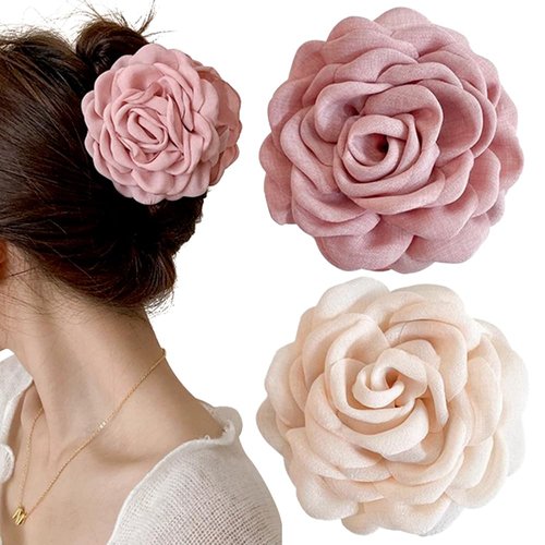 2Pcs Hawaiian Chiffon Pink Apricot Floral Fabric Silk Rose Tulle Blossom Hair Clips and Claw Clip...
