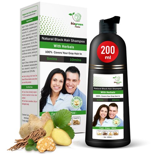 BIOGREEN ROOTS Ammonia-Free Herbal Hair Shampoo - Covers Gray Hair for Men and Women - Natural Color & Nourishment - No Skin Stains - Natural Black (200 ml)