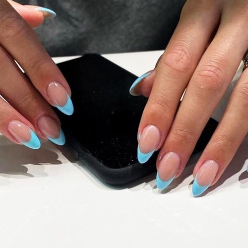 Mkwntg Blue French Tip Press on Nails Almond Short Fake Nails Baby Blue Coffin False Nails Glossy Natural Nude Full Cover Glue on Nails Reusable Artificial Acrylic Nails for Women DIY Manicure 24Pcs