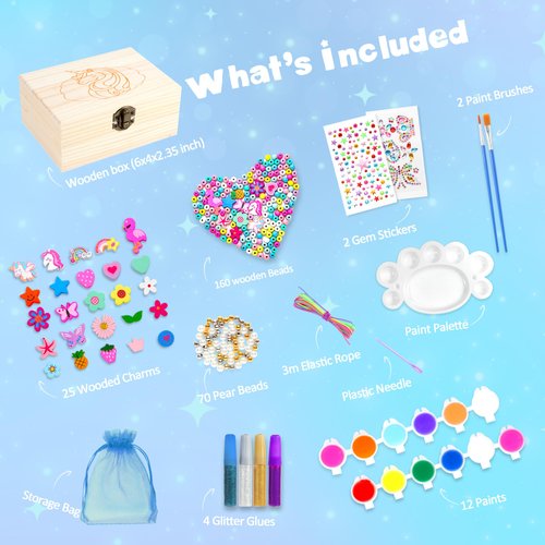 JOTIKO Arts and Crafts for Kids Girls Age 6-8, Paint Your Own Jewelry Box & Bracelet Making Kit, Unicorn Toys for Girls 8-12 Years Old, 250PCS Wooden Beads Charms Jewelry Making Kit Christmas Gift