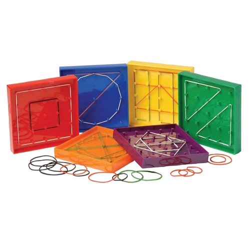 Constructive Playthings Set of Six 5" sq. Geoboards Each with a Package of 20 Rubber Bands for Creative Design for Ages 3 Years and Up