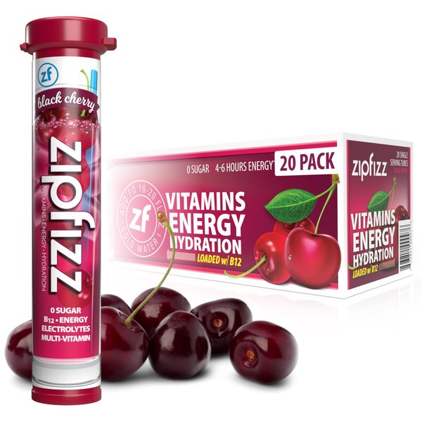 Zipfizz Daily Energy Drink Powder, Black Cherry, 20 Pack | 3-in-1 Sustained Energy, Rapid Hydration, and Essential Vitamins | Sugar-Free | Electrolyte Powder | Contains Vitamin B-12 & Antioxidants