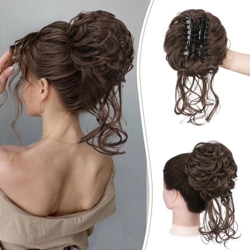 SOFEIYAN Claw Clip Messy Bun Hair Piece Curly Wavy Hair Bun Clip in Claw Chignon Ponytail Extensions Synthetic Tousled Updo with Tendrils Hairpieces Accessories Scrunchies for Women, Brown/Auburn