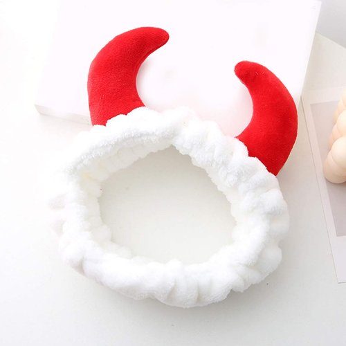 appuivbt Plush Red Devil Horns Headband,Face Wash Plush Hair Band Hair Hoop Makeup Turban Bandana Headband for Female Girls