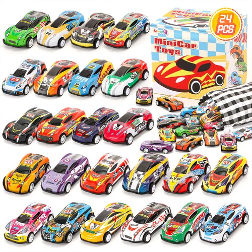 SevenQ Toy Cars for Kids, 24Pcs Race Cars Pull Back Cars Playsets with Storage Bags,Party Favors Kids Prizes Fillers Bulk Gifts for Boys and Girls Car Game Treasure Chest