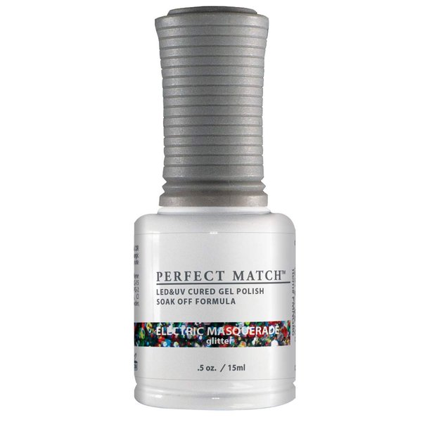 LeChat Perfect Match Gel Polish, Electric Masquerade, Green, Red, Yellow, Blue Glitter on Clear Base, Easy Application, Soak Off Formula, 0.5 Fl Oz