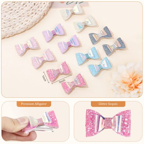 12PCS Glitter Girls Hair Bows,2 Inch Sequin Bow Alligator Clips, Small Sparkle Bow Hair Barrettes,Boutique Colorful Bow Hairpins for Kids Teens Toddlers Thick Thin Curly Hair, Hair Accessories for