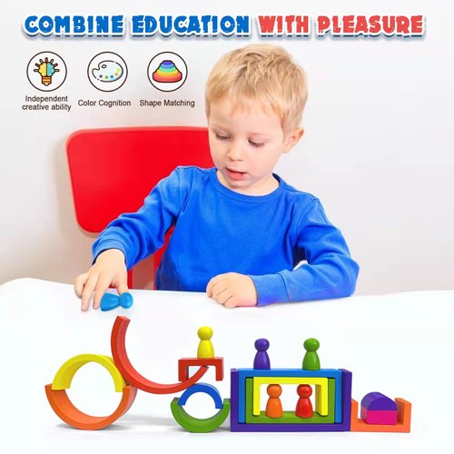 BOZE SUPOD Wooden Toys Rainbow Stacking Blocks-Montessori Toys Building Blocks for Toddler Age3+ Years Old Open Ended Preschool Activity Educational Toy Gifts for Boys Girls-19PCS