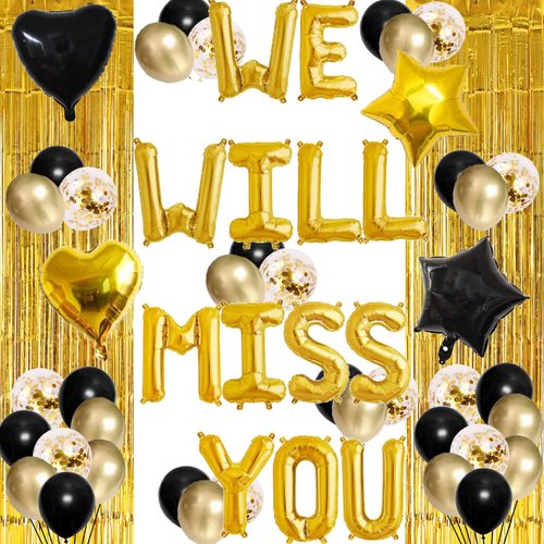We Will Miss You Balloons Gold Going Away Party Banner Office Work/Goodbye/Retirement/Farewell/Bon Voyage/Job Change/Leaving Job Moving/Graduation Themed Party Supplies Decorations