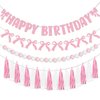 Pink Bow Birthday Party Decorations, Coquette Birthday Decorations Include Pink Bow Happy Birthday Banner Garland Party Tassel Pink Pom Pom Banner, Pink Bow Decorations
