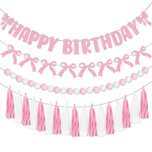 Pink Bow Birthday Party Decorations, Coquette Birthday Decorations Include Pink Bow Happy Birthday Banner Garland Party Tassel Pink Pom Pom Banner, Pink Bow Decorations