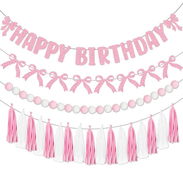 Pink Bow Birthday Party Decorations, Coquette Birthday Decorations Include Pink Bow Happy Birthday Banner Garland Party Tassel Pink Pom Pom Banner, Pink Bow Decorations