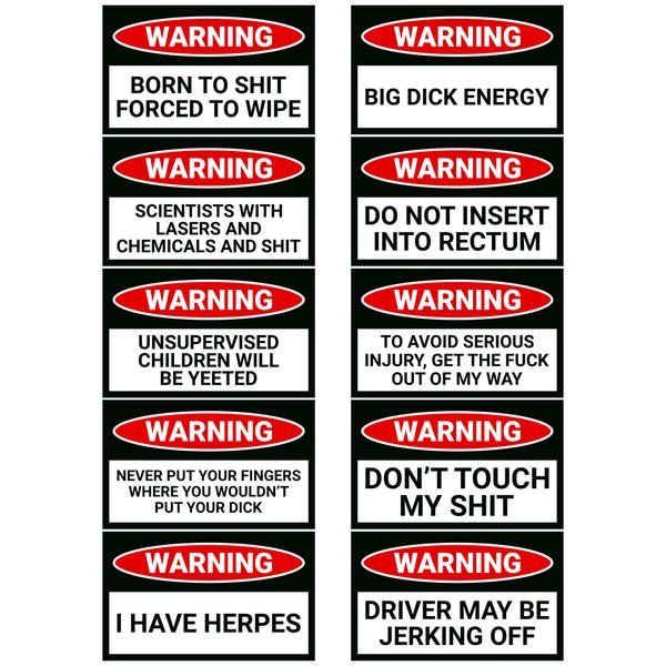 Super Funny, Variety 10 Pack Warning Sticker - 3x5 Inch Vinyl Gag Bumper Stickers for Car, Truck, or Van - Hilarious, Fun, and Dirty Adult Practical Joke Prank Decals - Trick Your Friends and Enemies