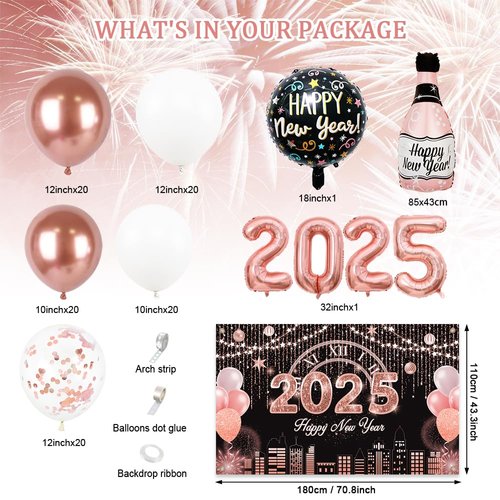 AIBIIN 110 PCS Happy New Year 2025 Decorations Rose Gold New Year Eve Balloon Garland Arch Kit with New Year Backdrop 2025 New Year NYE Balloon Arch Kit Party Decoration Supplies