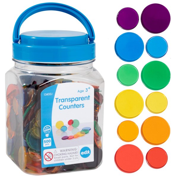 edx education Transparent Counters - Mini Jar - Colorful, Plastic Counters - Light Box Accessory - Sensory Play - Math Manipulative