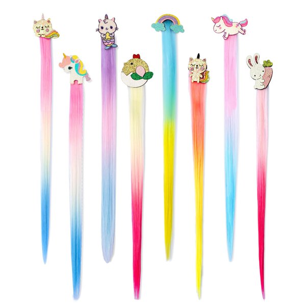 8 Pieces Hair Clips for Girls, Animal Straight Rainbow Hair Extensions for Kids, Little Girl Hair Clips Accessories for Girls Toddler Kids Ponytails