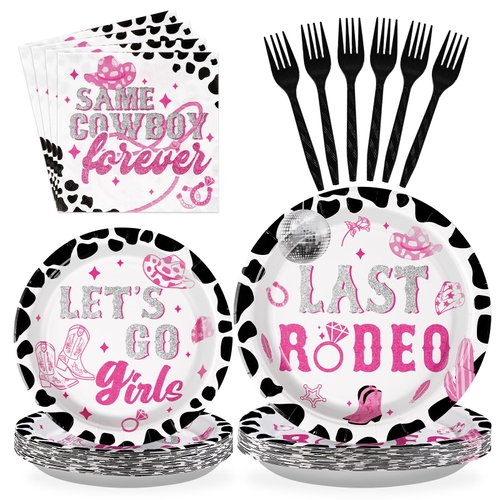 96Pcs Cowgirl Party Decorations 350 GSM Last Rodeo Bachelorette Party Plates and Napkins Let's Go Girls Party Tableware Sets for Western Disco Cowgirl Baby Shower Birthday Party Supplies,Serves 24