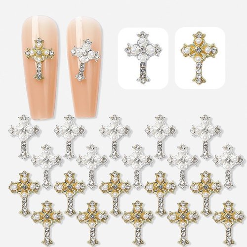 20 pcs Cross Nail Art Charms Bulk- Mixed Gold and Silver 3D Alloy Rhinestone with Pearl Metal Nail Charms for Acrylic Nails DIY Nail Decoration for Gel Nails
