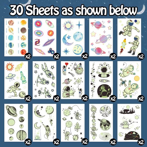 Partywind 225 Styles (30 Sheets) Luminous Space Kids Temporary Tattoos for Party Supplies, Outer Space Party Favors with Astronaut/Planet/Star/Moon, Games for Boys Children
