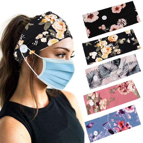 ELABEST Boho Headband with Button for Mask Yoga Wide Headbands Sport Hair Band Ear Protection Bandeau Flower Head Wrap Elastic 5pcs Head Band for Women and Girls