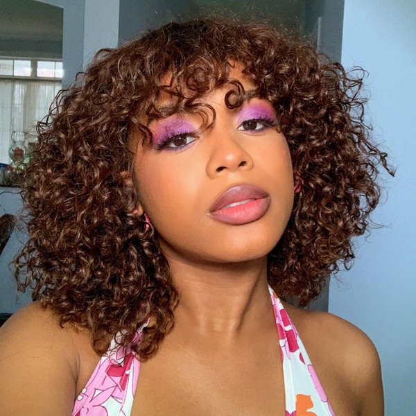 DÉBUT Ombre Auburn Brown Short Curly Bob Wigs 100% Human Hair with Bangs 10 Inches Water Wave Glueless Wear and Go Bang Wigs 150% Density Dark Roots with Brown