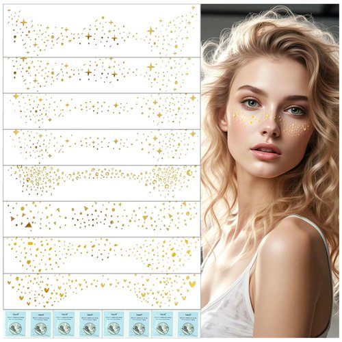 Wugbc Glitter Freckles Face Tattoo Gold Makeup Speckle Patches Faux Fake Freckle Waterproof Temporary Tattoos Sticker 8 Pcs 6-Style Accessories for Women Cosmetic Shiny Music Festival Stage Rave Party