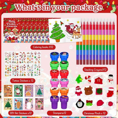Cinrobiye 72 Pieces Merry Christmas Party Favors Max Holiday Coloring Books Tattoo DIY Sticker Stampers Class Reward Prizes for Christmas Holiday Winter Party Supplies