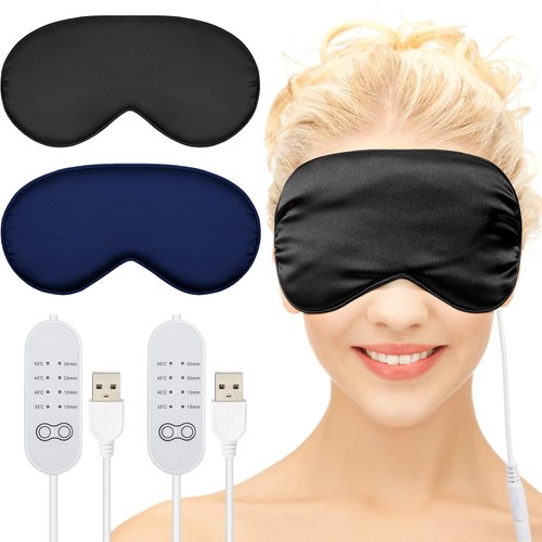 2 Pieces Silk Heated Eye Mask for Dry Eyes USB Steam Warm Compress for Puffy Eyes Adjustable Temp Sleep Eye Mask for Dry Eye, Chalazion, Blepharitis, Stye (Black, Blue)