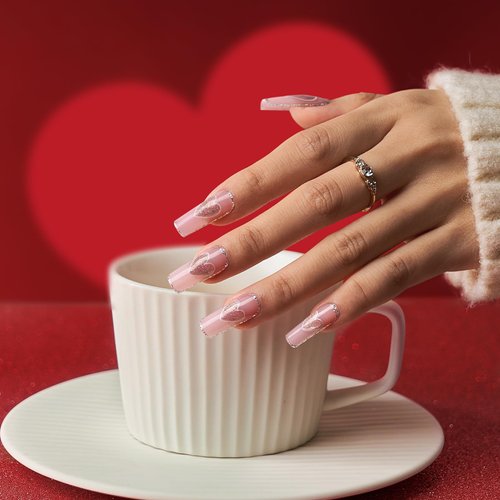 Soft Gel Nail Tips Square - BTArtbox Press On Nails Long Pink Colored XCOATTIPS Natural with Tip Primer Cover, One-Step Full Cover Fake Nails Gel Nails for Nail Extensions Art Easter Day Gift