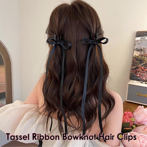 4 PCS Hair Bow Clips, Tassel Ribbon Bowknot Hair Clips with Long Tail, Ballet Style Solid Hair Barrettes Bow, Ponytail Holder Alligator Claw Bow Hair Accessories for Women (Black & Pink)