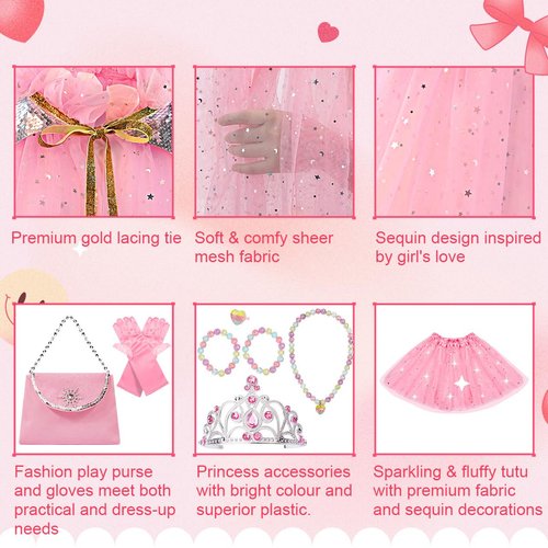 Meland Princess Dress up Clothes for Little Girl, 11Pcs Princess Cape with Crown, Princess Dresses for Girl 3-8 Birthday Gift
